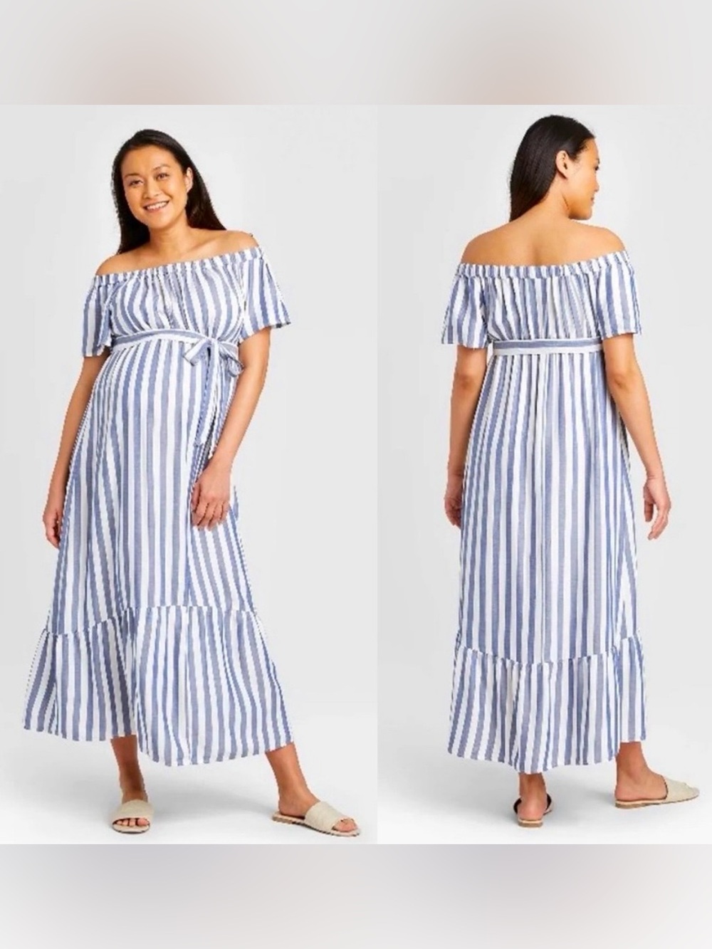 Isabel Maternity Blue and White Off Shoulder Stripe Dress